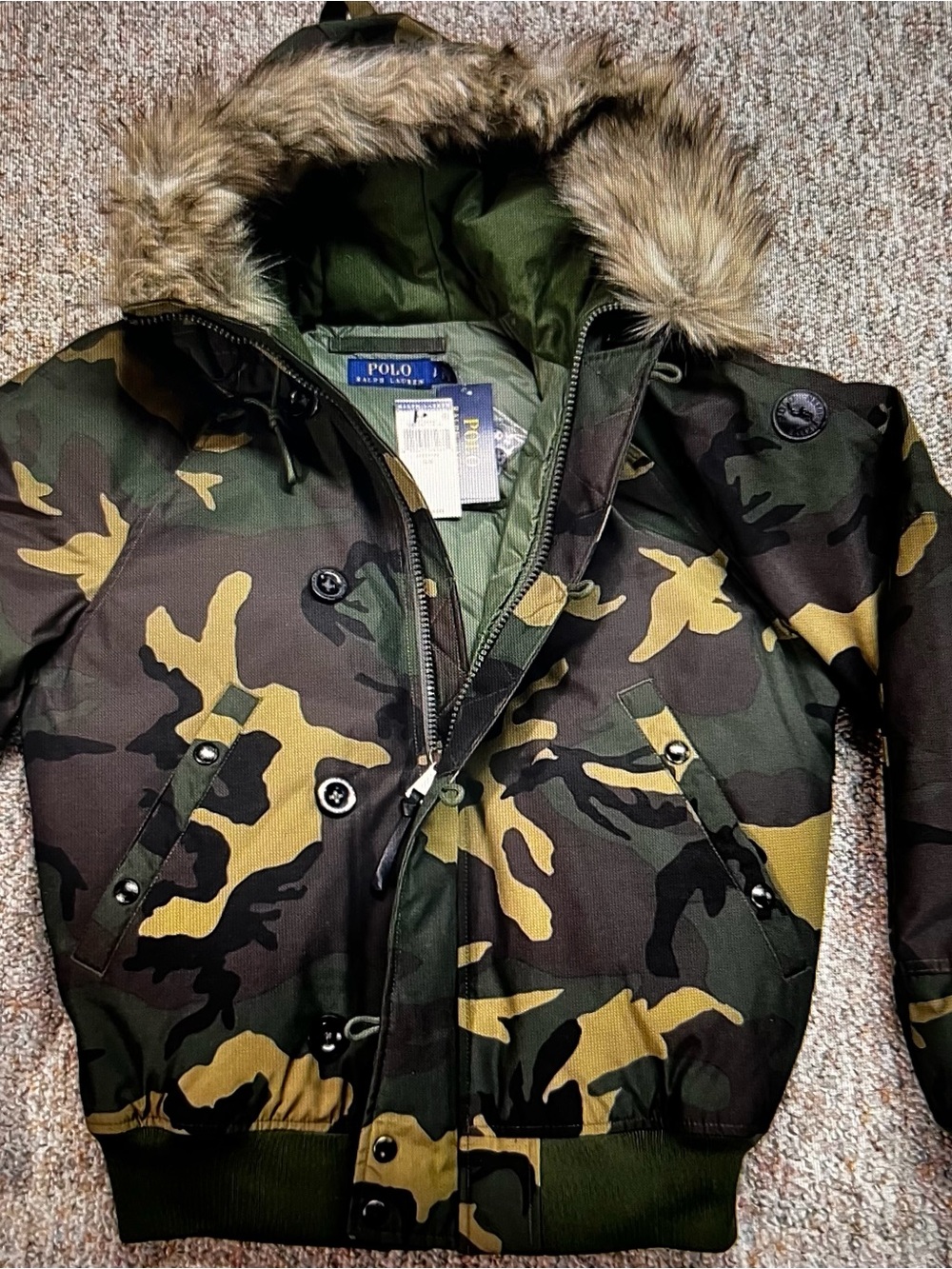 Polo by Ralph Lauren Camo Down Puffer Jacket with Faux-Fur Hood- Size S